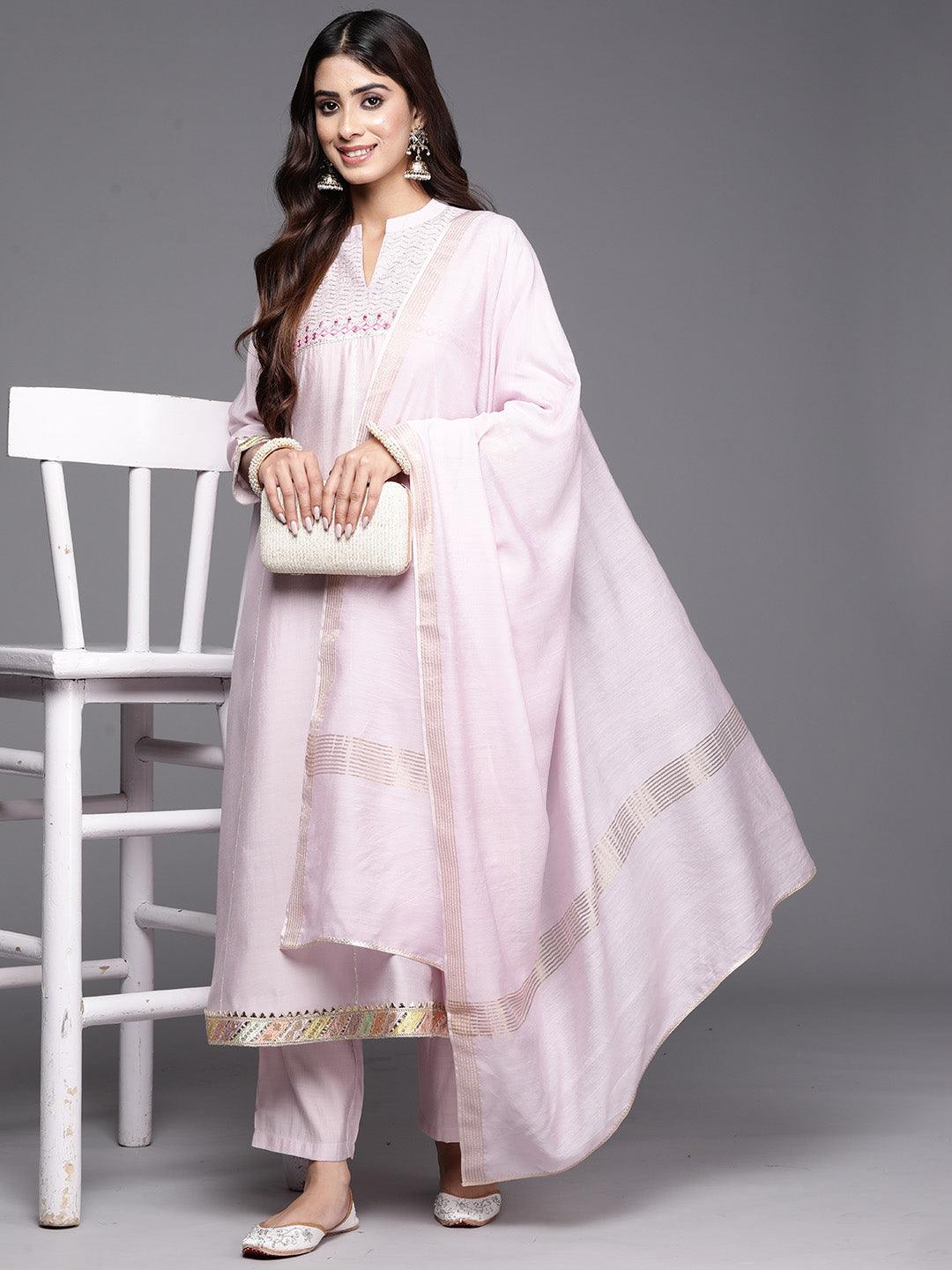 Pink Yoke Design Silk Blend A-Line Kurta With Trousers & Dupatta - Libas 