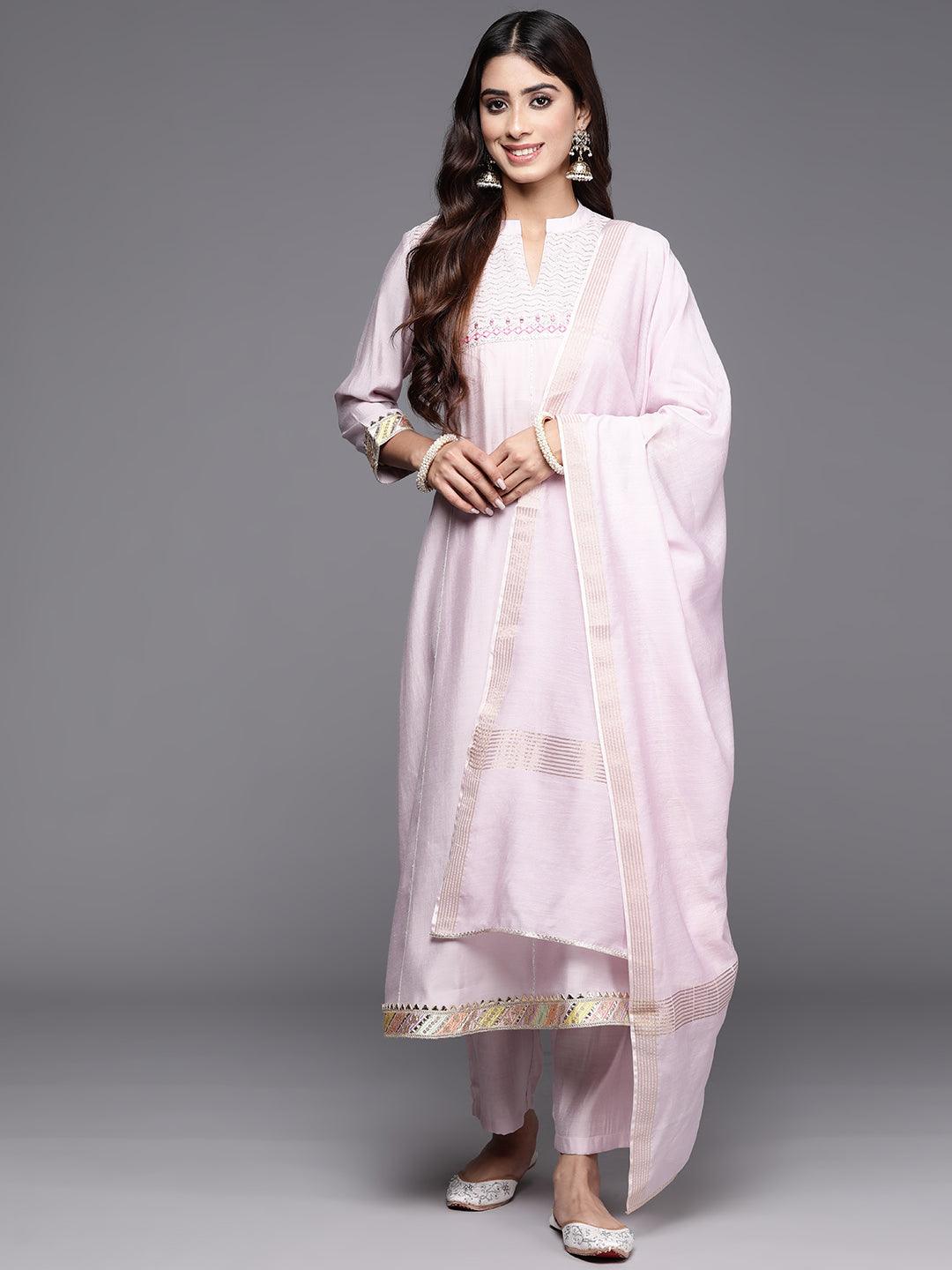 Pink Yoke Design Silk Blend A-Line Kurta With Trousers & Dupatta - Libas 