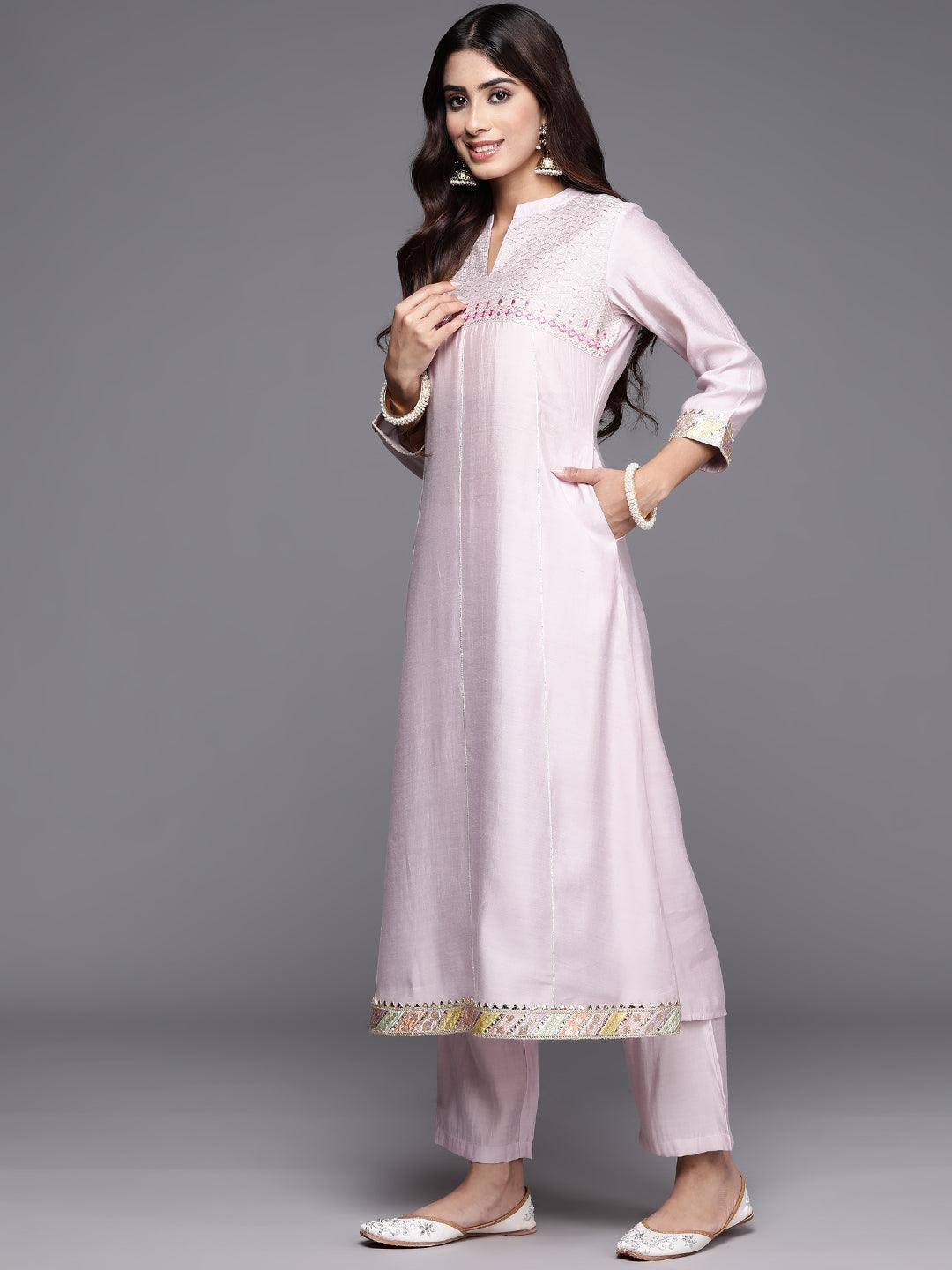 Pink Yoke Design Silk Blend A-Line Kurta With Trousers & Dupatta - Libas 