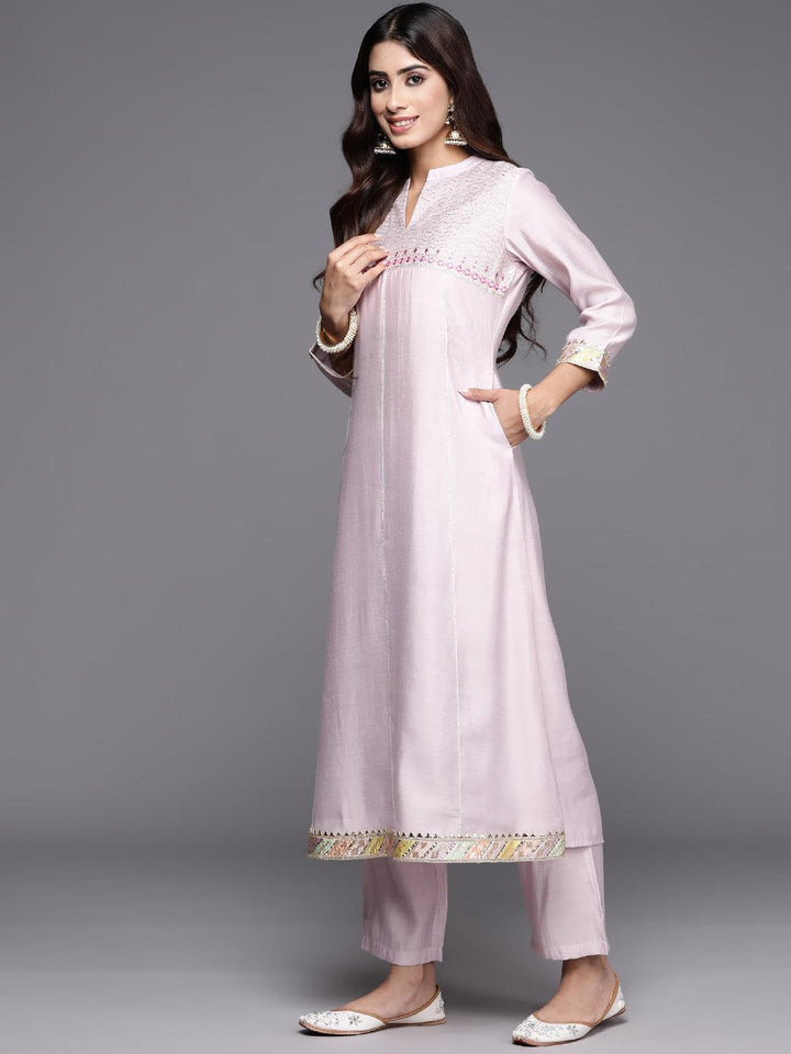 Pink Yoke Design Silk Blend A-Line Kurta With Trousers & Dupatta - Libas