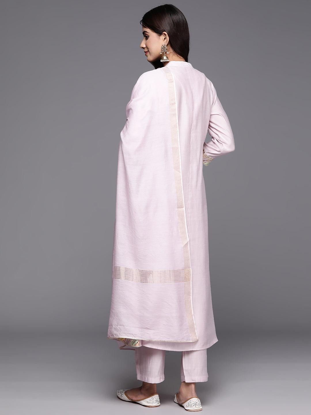 Pink Yoke Design Silk Blend A-Line Kurta With Trousers & Dupatta - Libas 