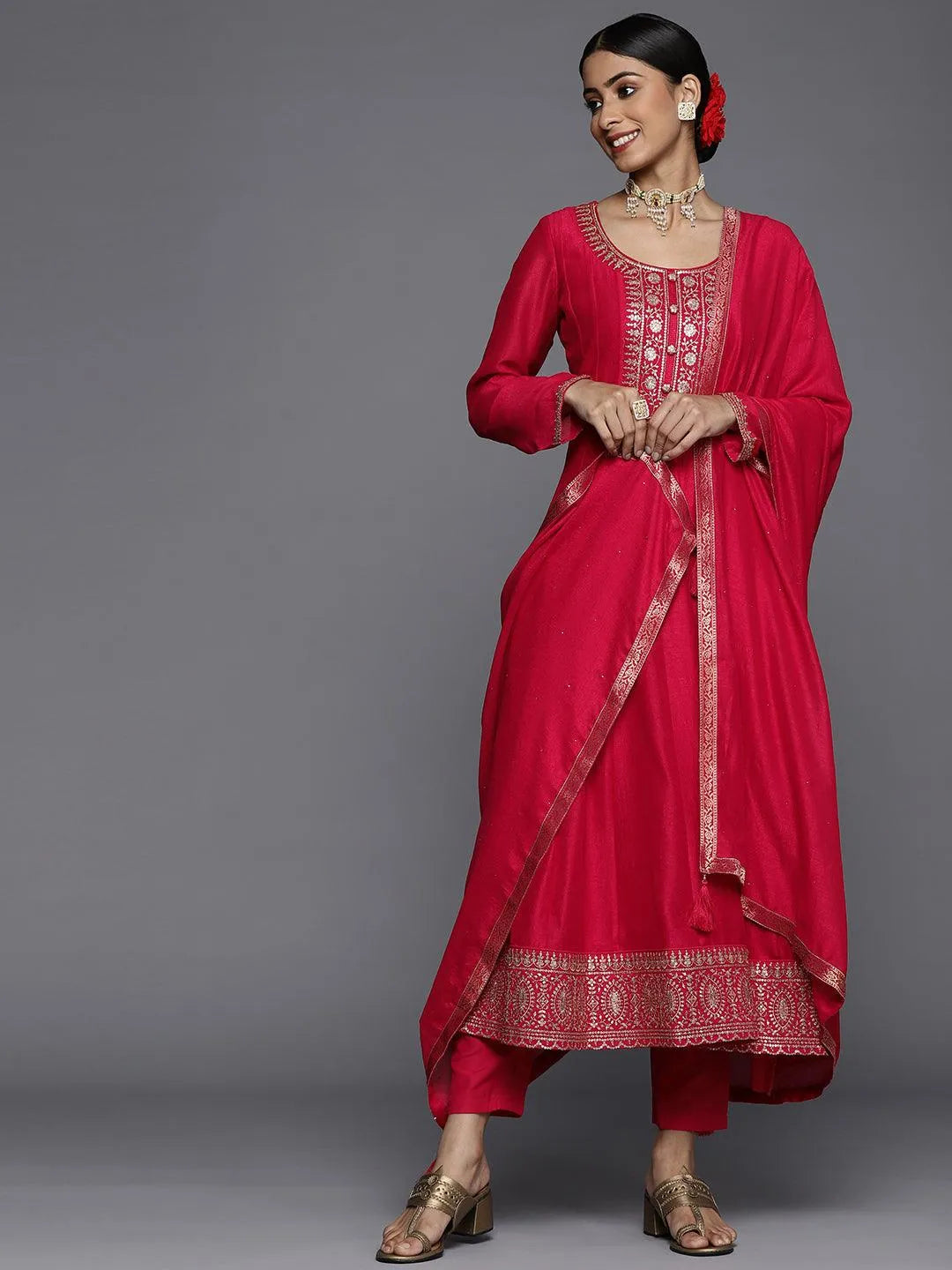 Pink Yoke Design Silk Blend Anarkali Suit Set - Libas 