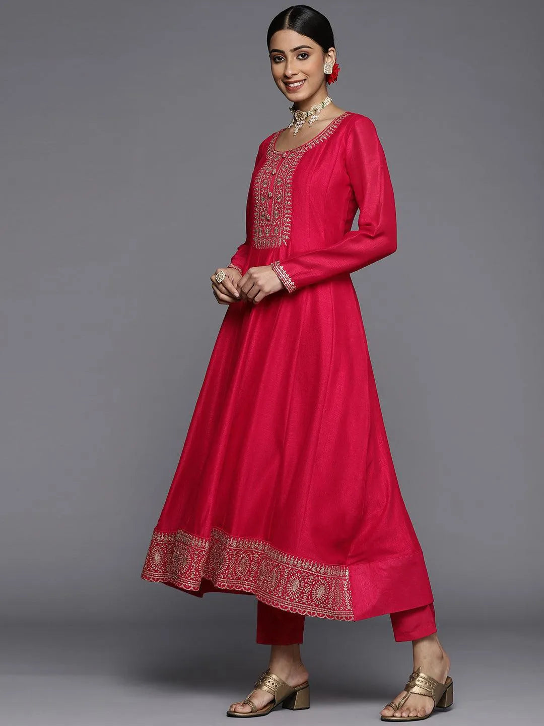 Pink Yoke Design Silk Blend Anarkali Suit Set - Libas 