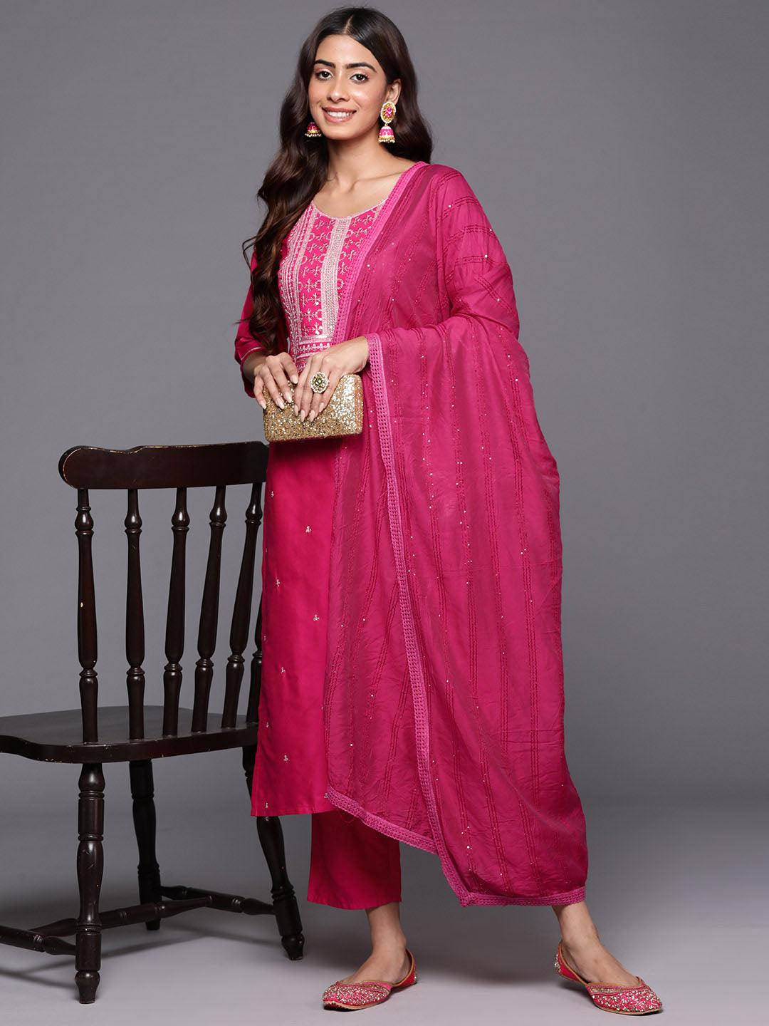 Pink Yoke Design Silk Blend Straight Kurta With Trousers & Dupatta - Libas 