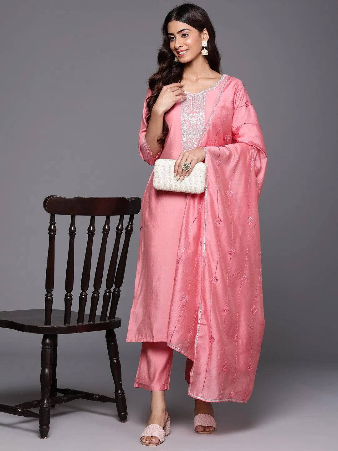 Pink Yoke Design Silk Blend Straight Kurta With Trousers & Dupatta - Libas