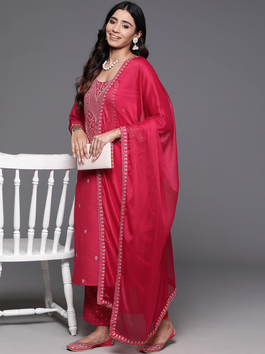 Pink Yoke Design Silk Blend Straight Kurta With Trousers & Dupatta - Libas