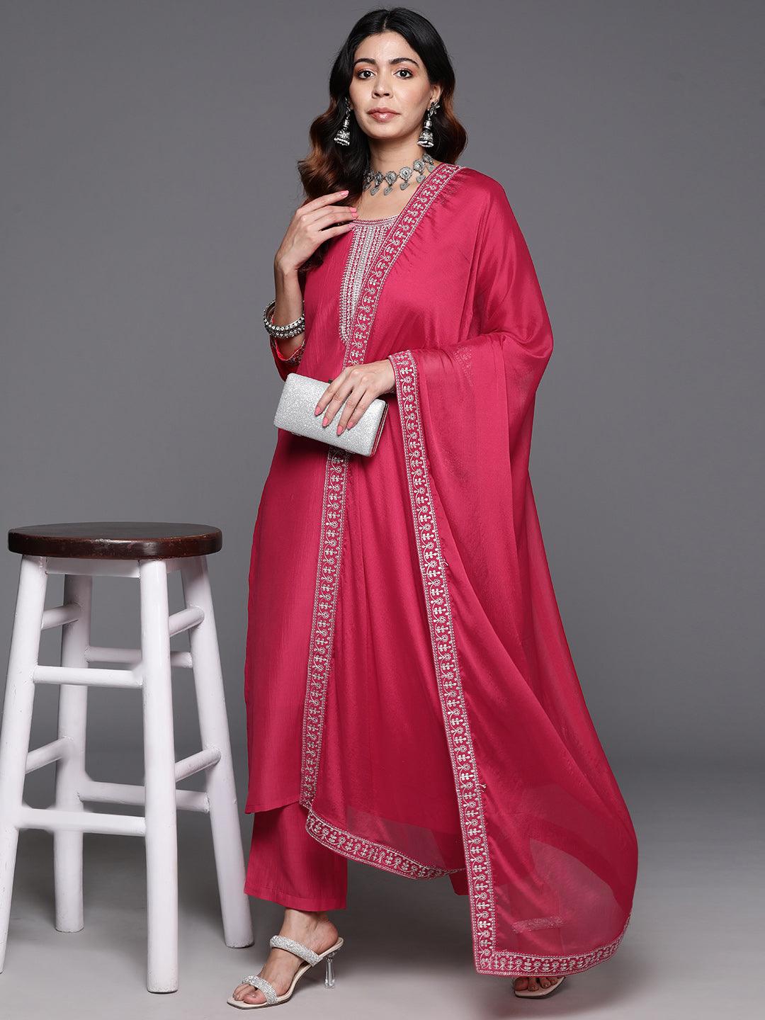 Pink Yoke Design Silk Blend Straight Kurta With Trousers & Dupatta - Libas