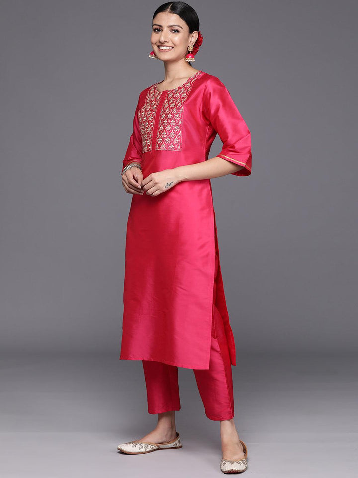 Pink Yoke Design Silk Blend Straight Kurta With Trousers & Dupatta - Libas