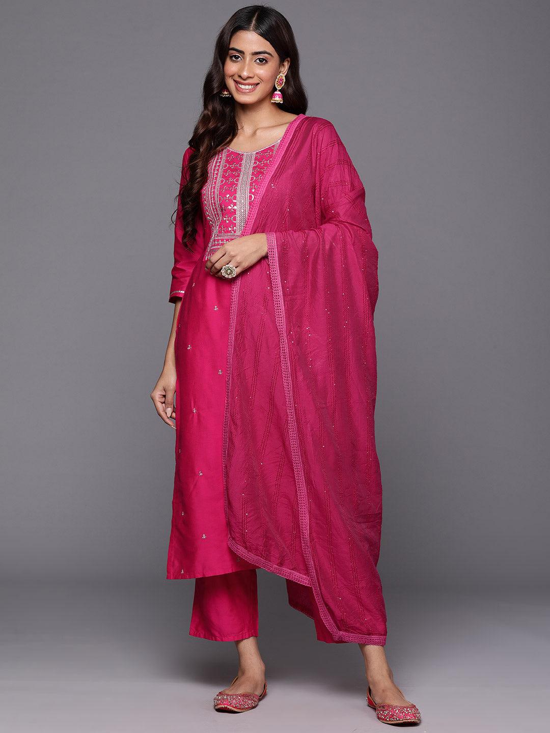 Pink Yoke Design Silk Blend Straight Kurta With Trousers & Dupatta - Libas 