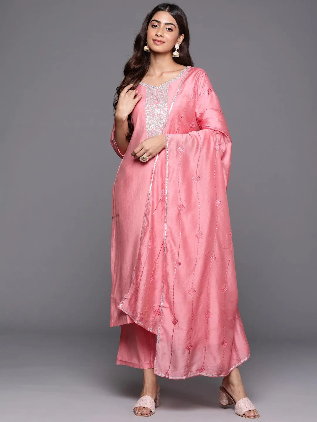 Pink Yoke Design Silk Blend Straight Kurta With Trousers & Dupatta - Libas