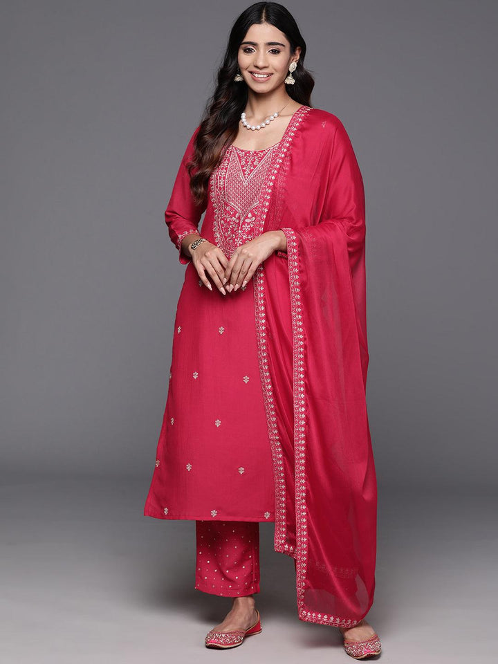 Pink Yoke Design Silk Blend Straight Kurta With Trousers & Dupatta - Libas