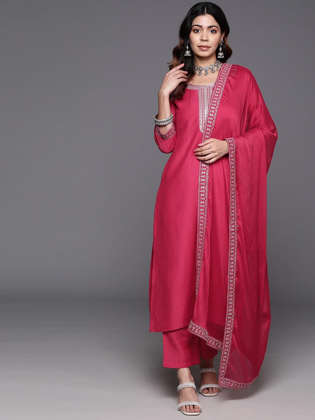 Pink Yoke Design Silk Blend Straight Kurta With Trousers & Dupatta - Libas