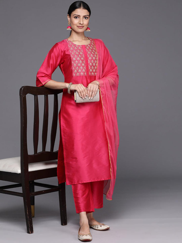 Pink Yoke Design Silk Blend Straight Kurta With Trousers & Dupatta - Libas