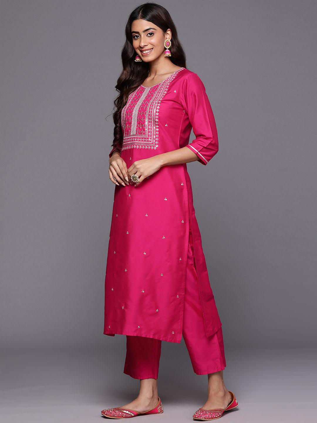 Pink Yoke Design Silk Blend Straight Kurta With Trousers & Dupatta - Libas 