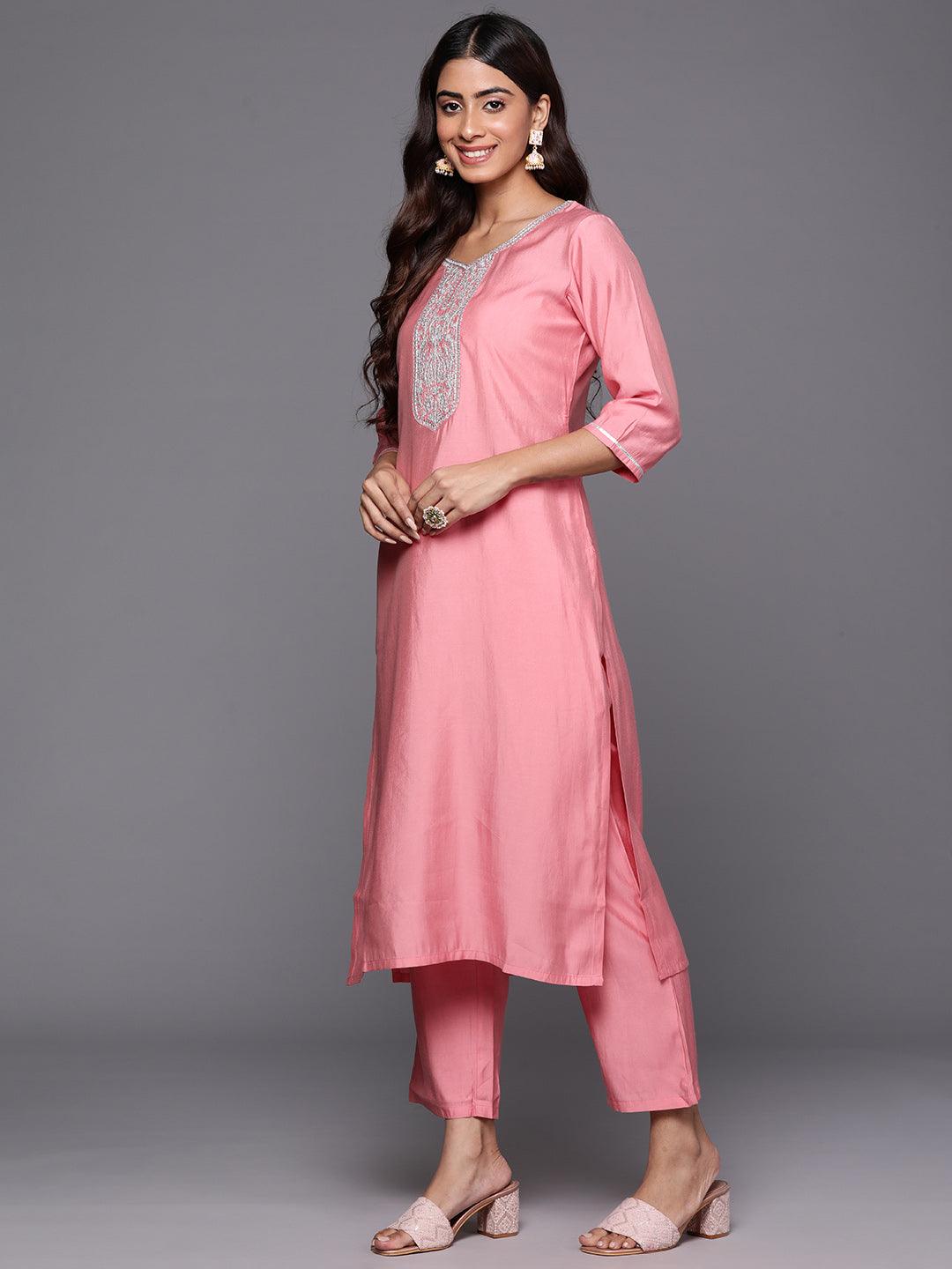 Pink Yoke Design Silk Blend Straight Kurta With Trousers & Dupatta - Libas