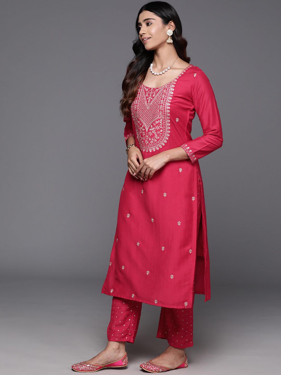 Pink Yoke Design Silk Blend Straight Kurta With Trousers & Dupatta - Libas