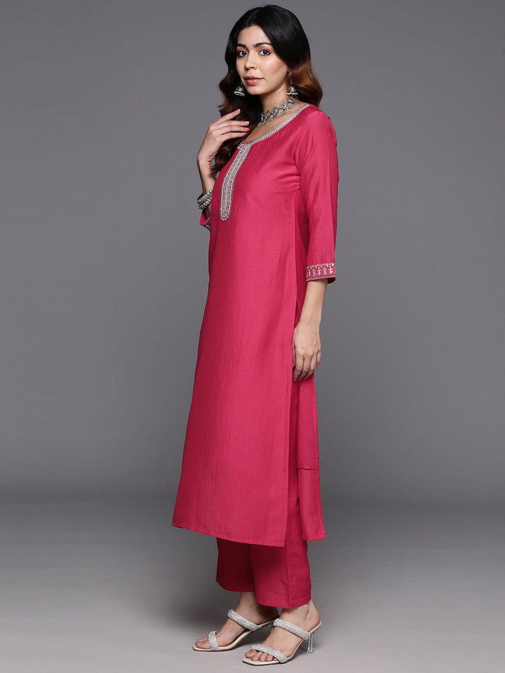 Pink Yoke Design Silk Blend Straight Kurta With Trousers & Dupatta - Libas