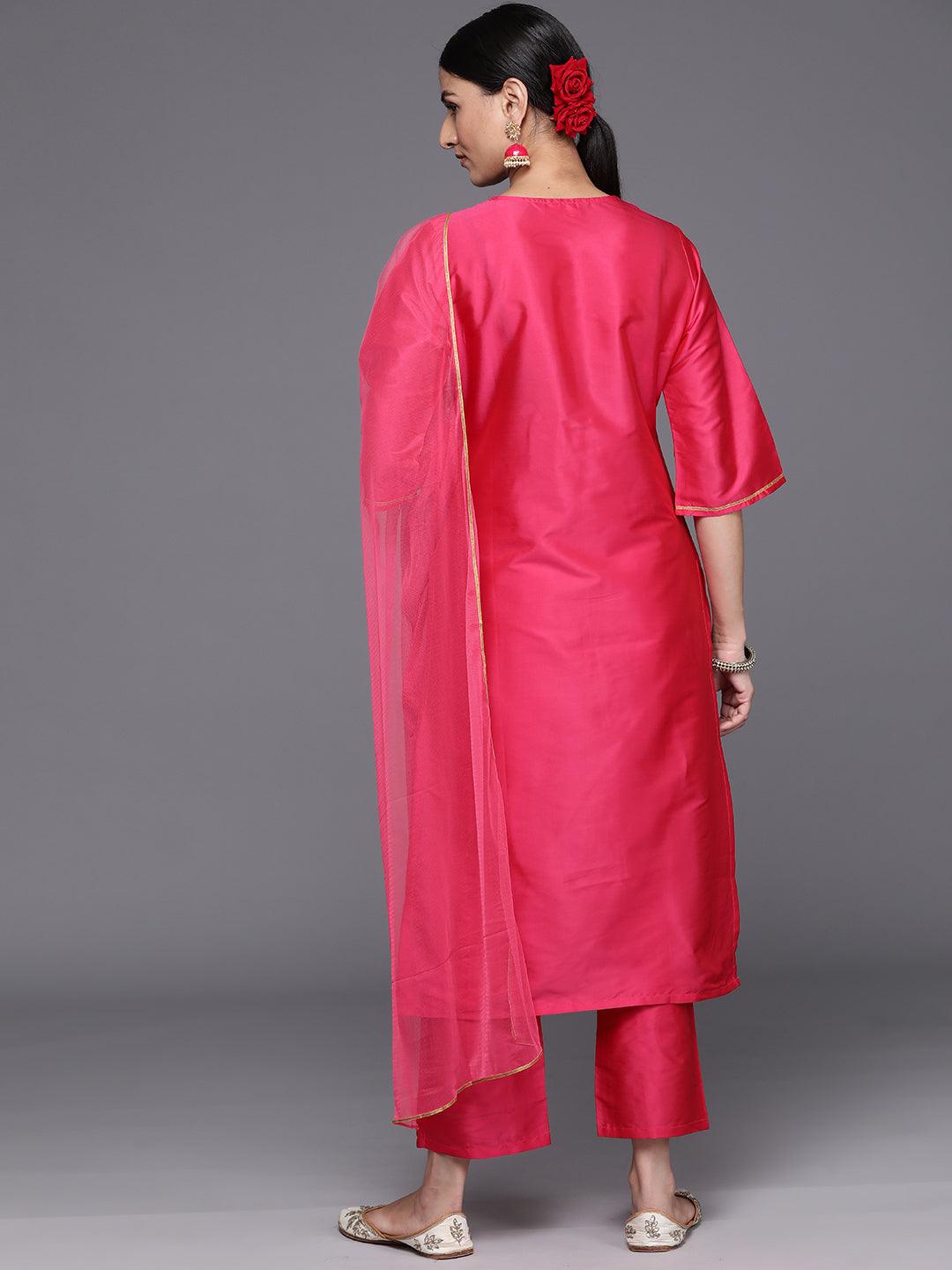 Pink Yoke Design Silk Blend Straight Kurta With Trousers & Dupatta - Libas