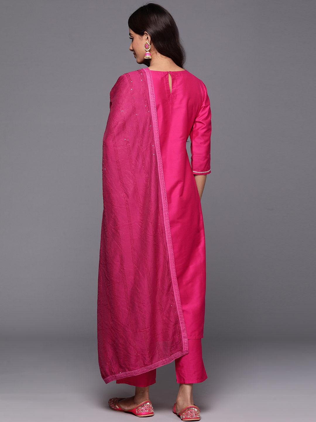 Pink Yoke Design Silk Blend Straight Kurta With Trousers & Dupatta - Libas 