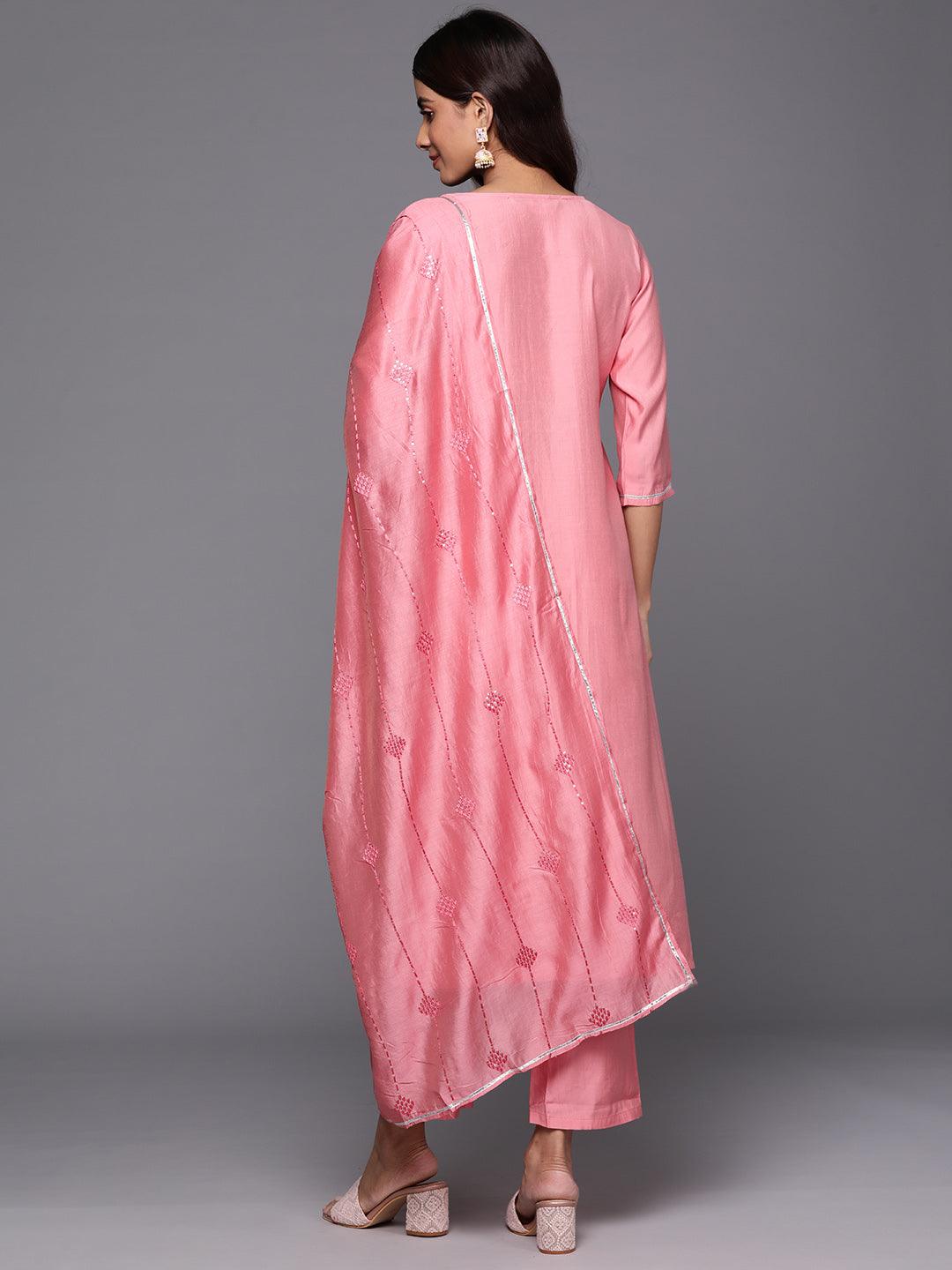 Pink Yoke Design Silk Blend Straight Kurta With Trousers & Dupatta - Libas