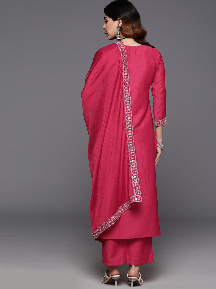 Pink Yoke Design Silk Blend Straight Kurta With Trousers & Dupatta - Libas