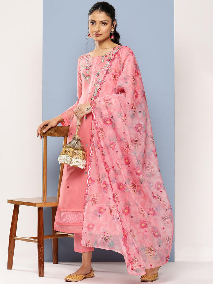 Pink Yoke Design Silk Blend Straight Suit Set With Trousers - Libas