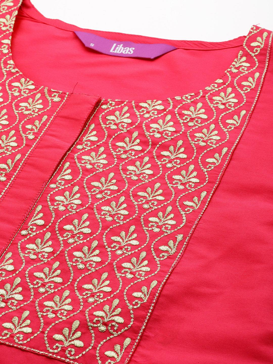 Pink Yoke Design Silk Blend Straight Kurta With Trousers & Dupatta - Libas