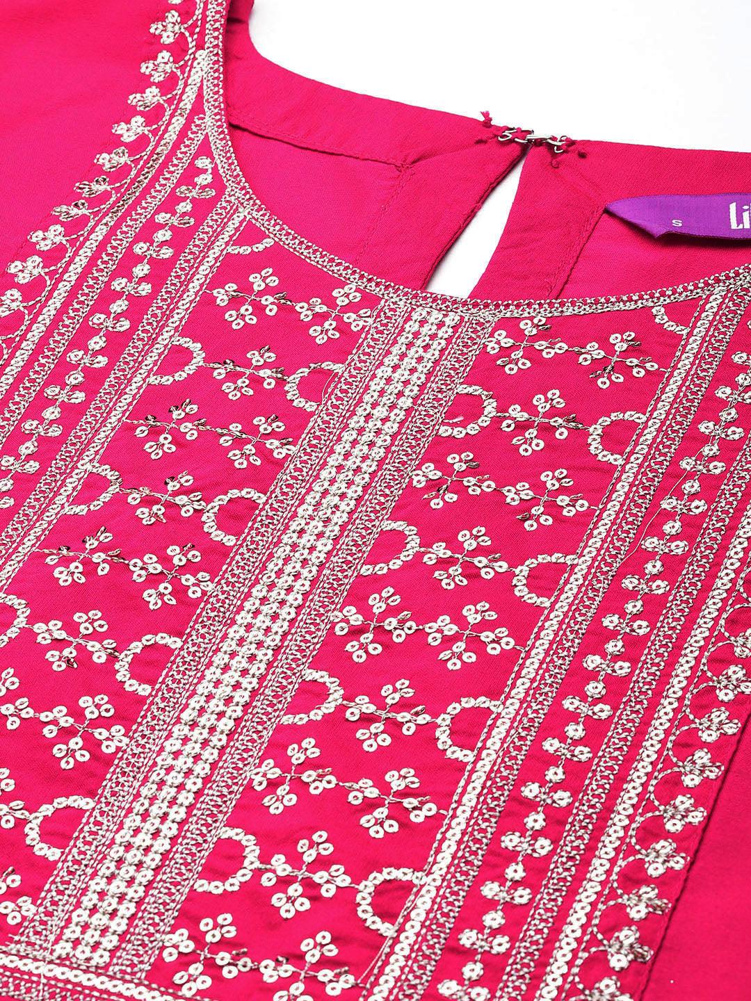 Pink Yoke Design Silk Blend Straight Kurta With Trousers & Dupatta - Libas