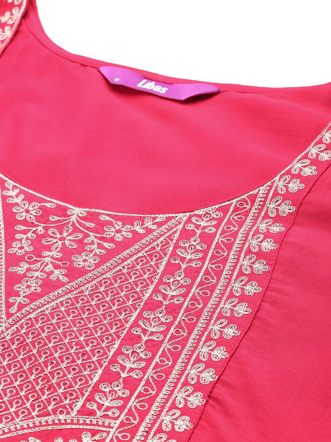 Pink Yoke Design Silk Blend Straight Kurta With Trousers & Dupatta - Libas