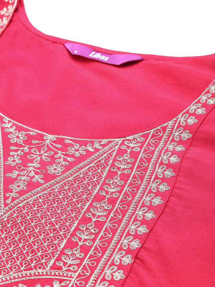 Pink Yoke Design Silk Blend Straight Kurta With Trousers & Dupatta - Libas