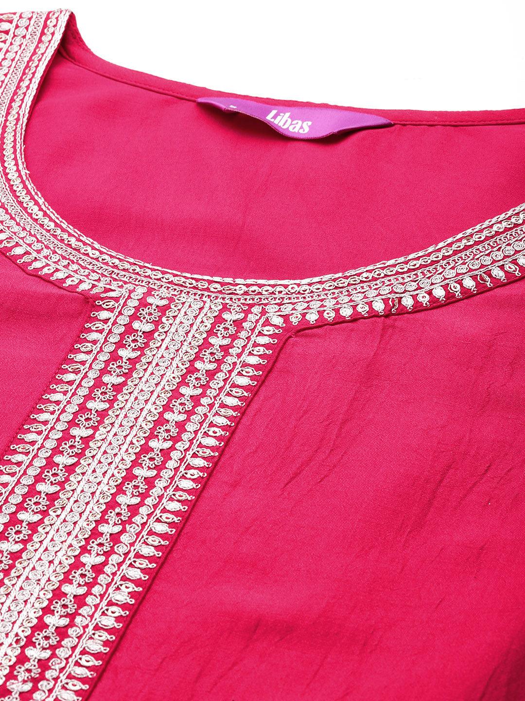 Pink Yoke Design Silk Blend Straight Kurta With Trousers & Dupatta - Libas