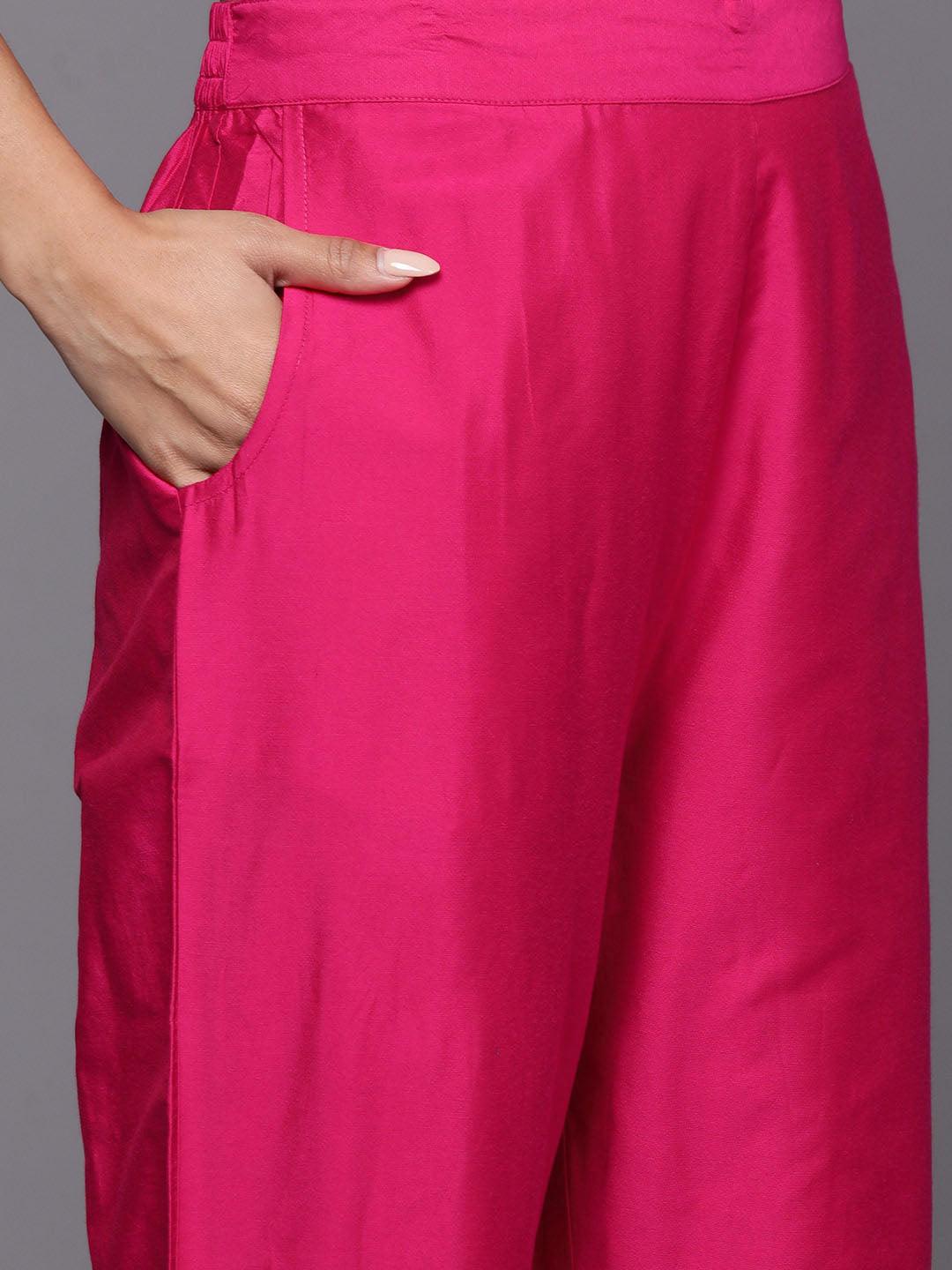 Pink Yoke Design Silk Blend Straight Kurta With Trousers & Dupatta - Libas 