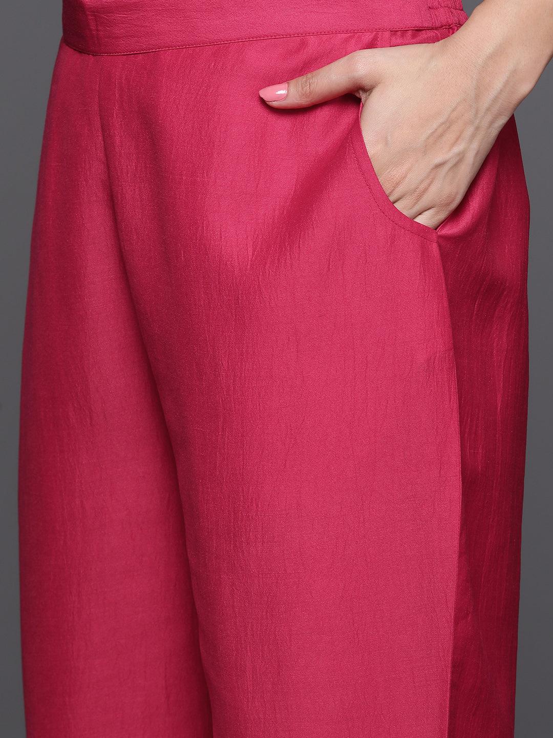 Pink Yoke Design Silk Blend Straight Kurta With Trousers & Dupatta - Libas