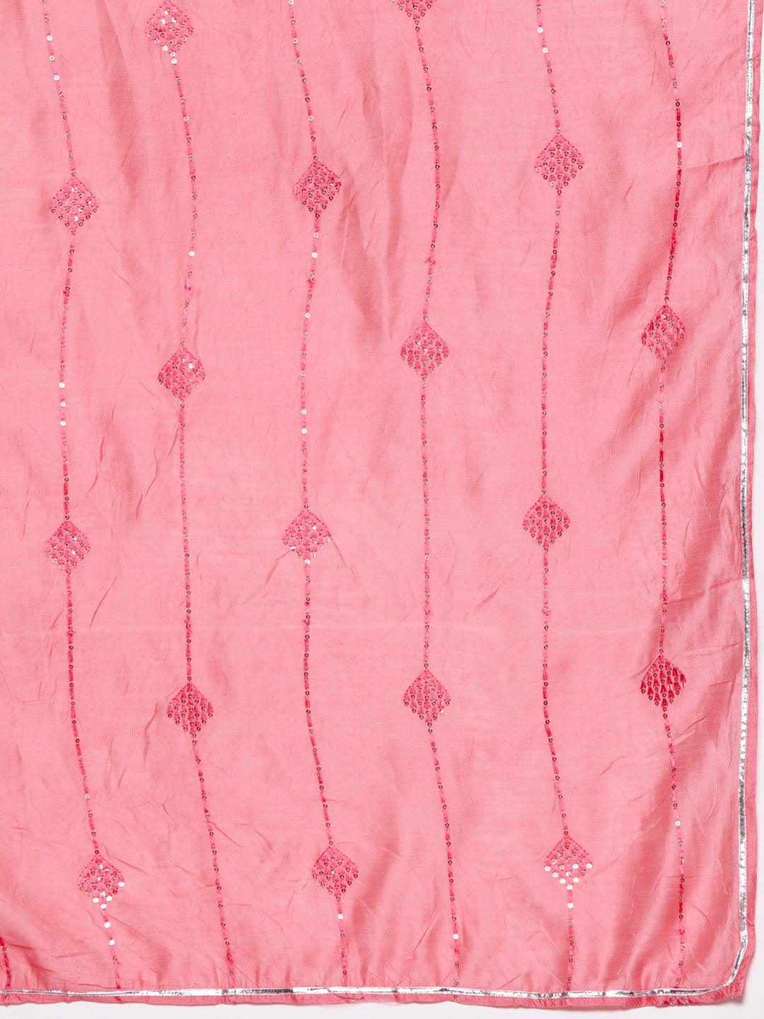 Pink Yoke Design Silk Blend Straight Kurta With Trousers & Dupatta - Libas