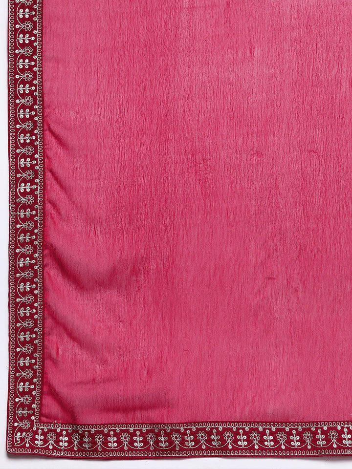 Pink Yoke Design Silk Blend Straight Kurta With Trousers & Dupatta - Libas