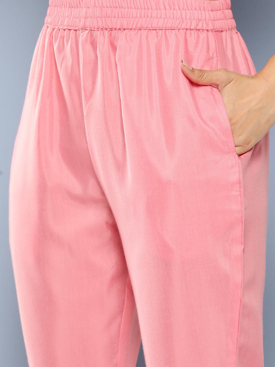 Pink Yoke Design Silk Blend Straight Kurta With Trousers & Dupatta