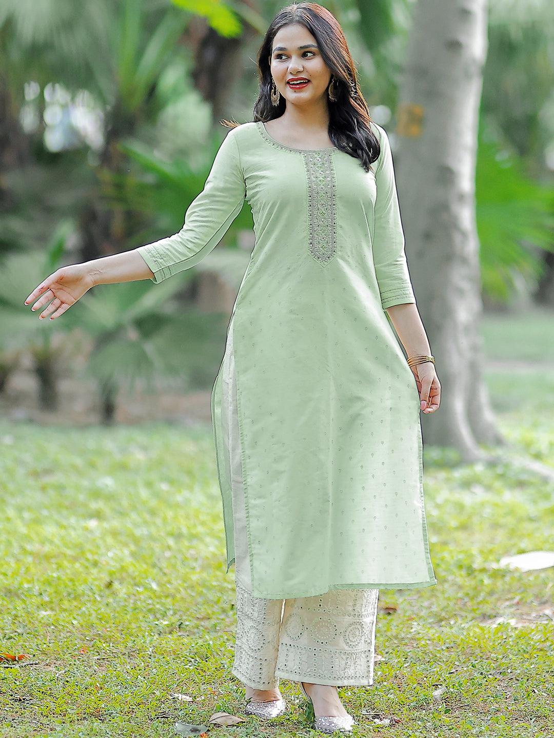 Pista Green Embroidered Chanderi Silk Straight Kurta - Libas