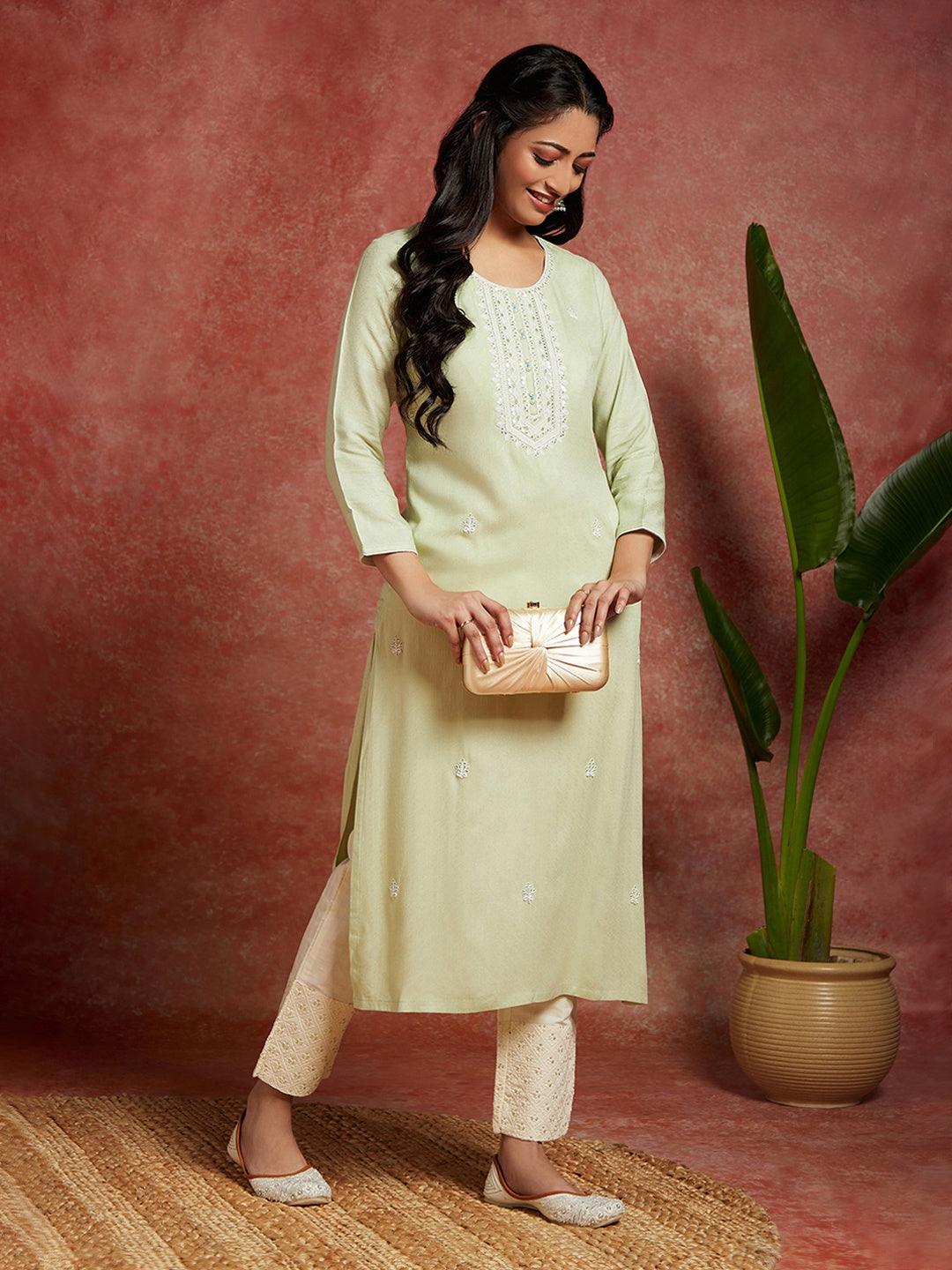 Pista Green Woven Design Rayon Straight Kurta - Libas