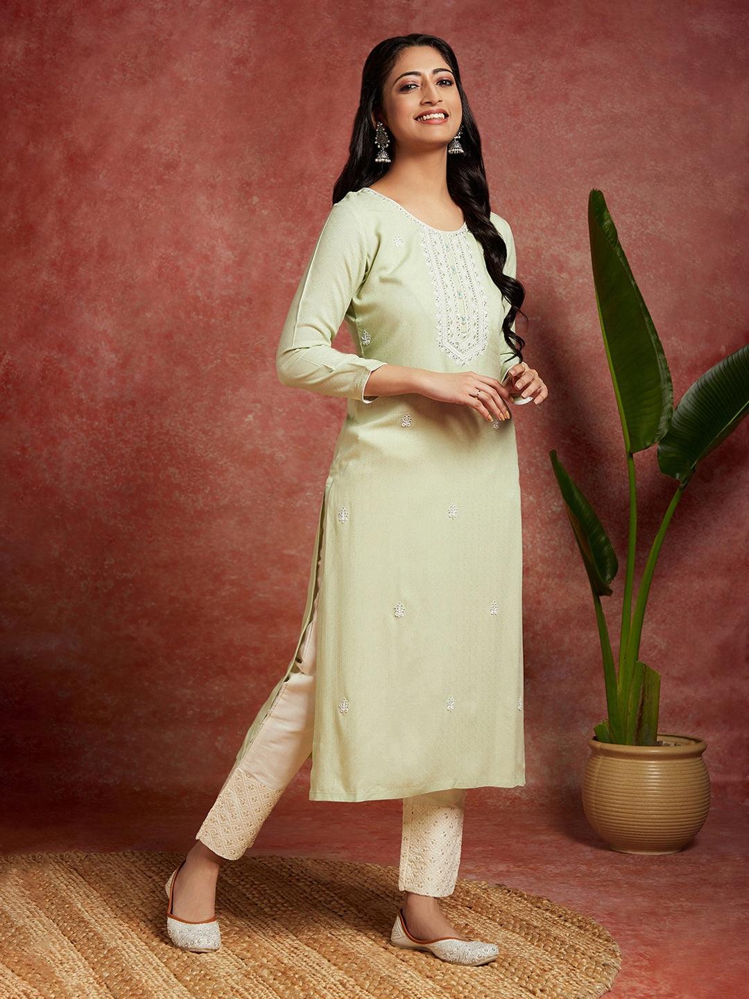 Pista Green Woven Design Rayon Straight Kurta - Libas