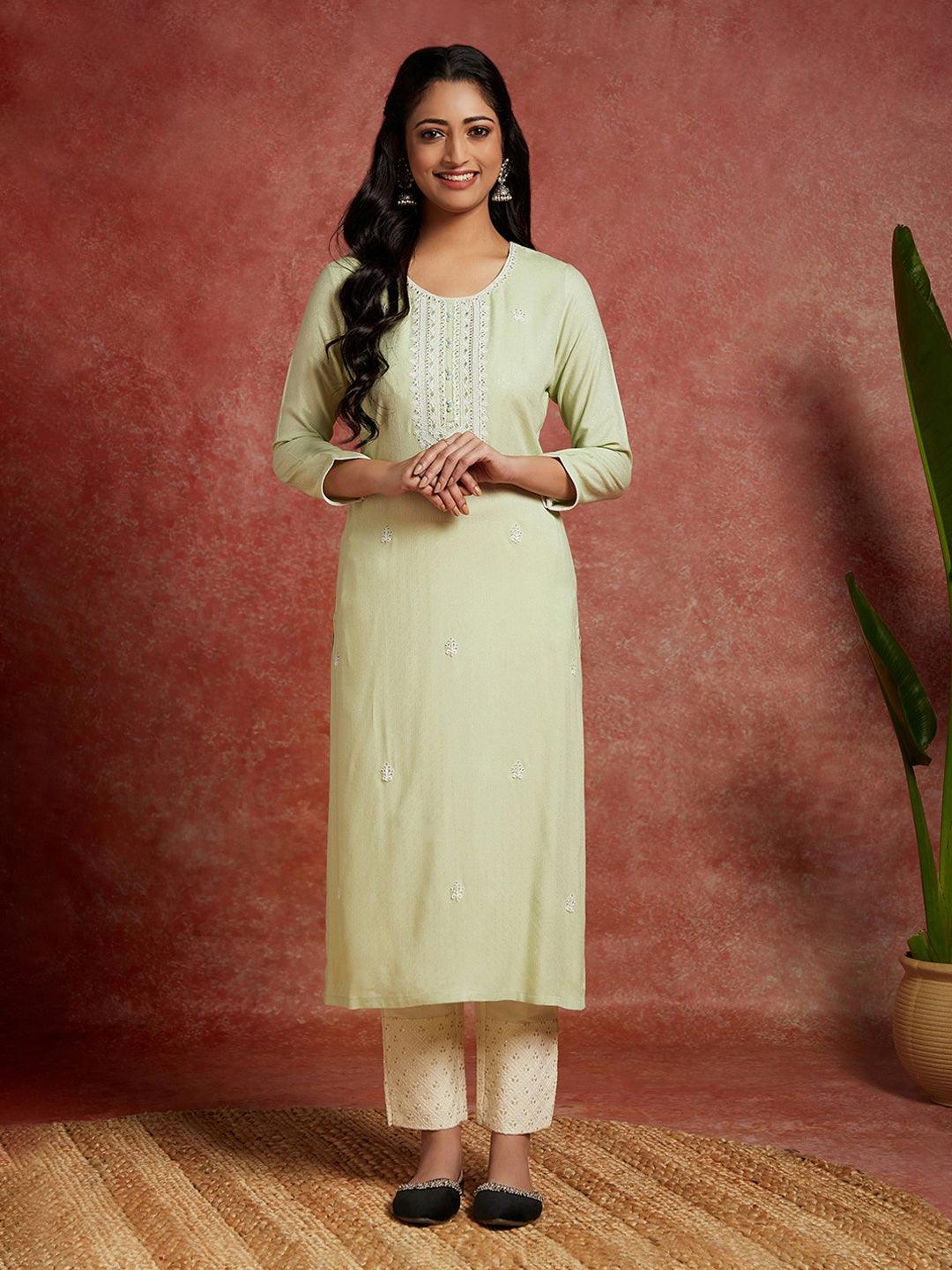 Pista Green Woven Design Rayon Straight Kurta - Libas