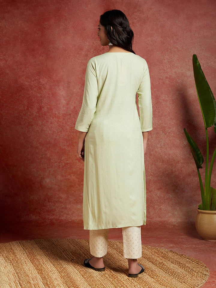 Pista Green Woven Design Rayon Straight Kurta - Libas