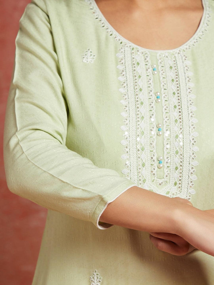 Pista Green Woven Design Rayon Straight Kurta - Libas