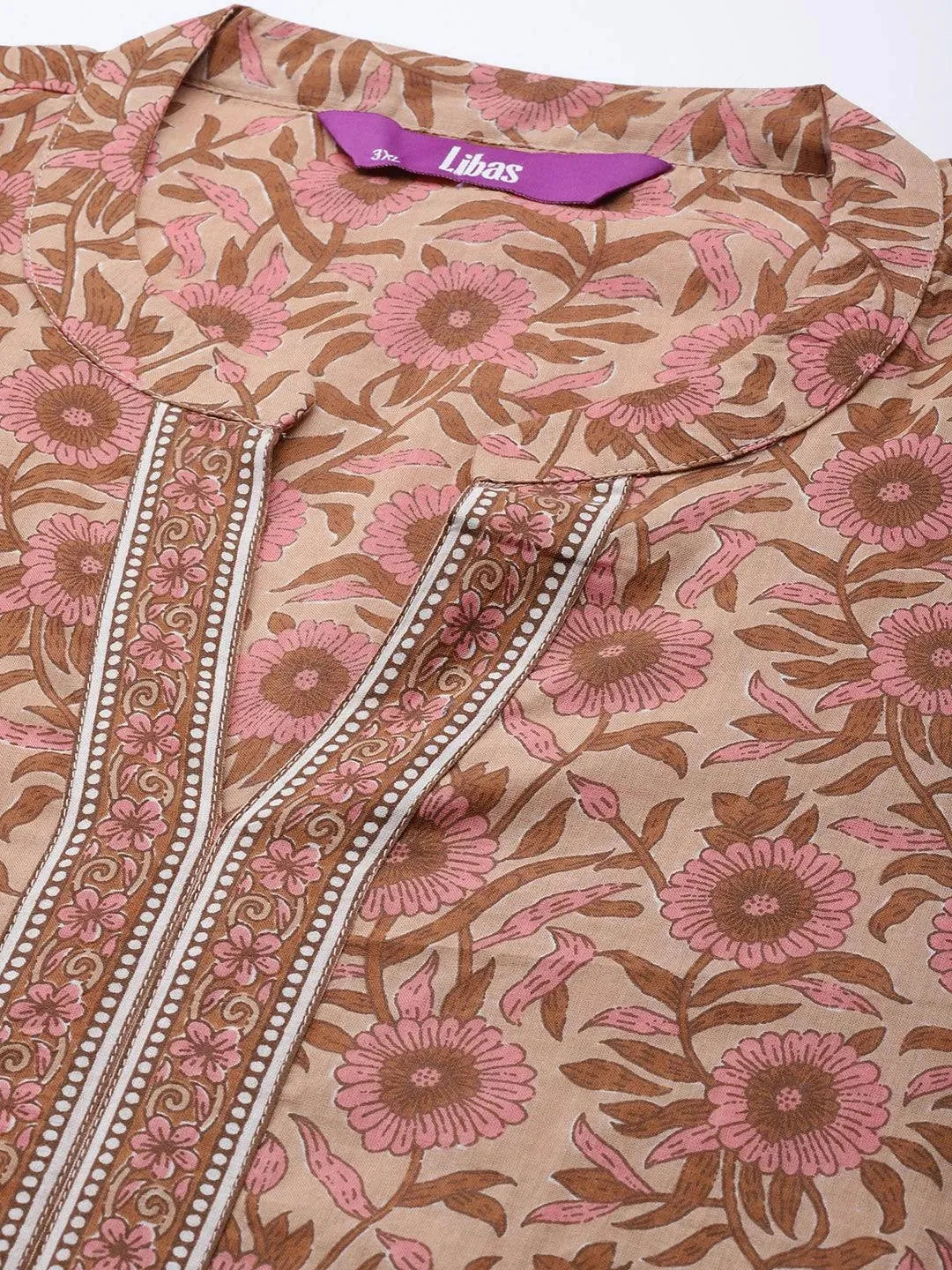 

Plus Size Beige Printed Cotton Straight Kurta With Palazzos & Dupatta