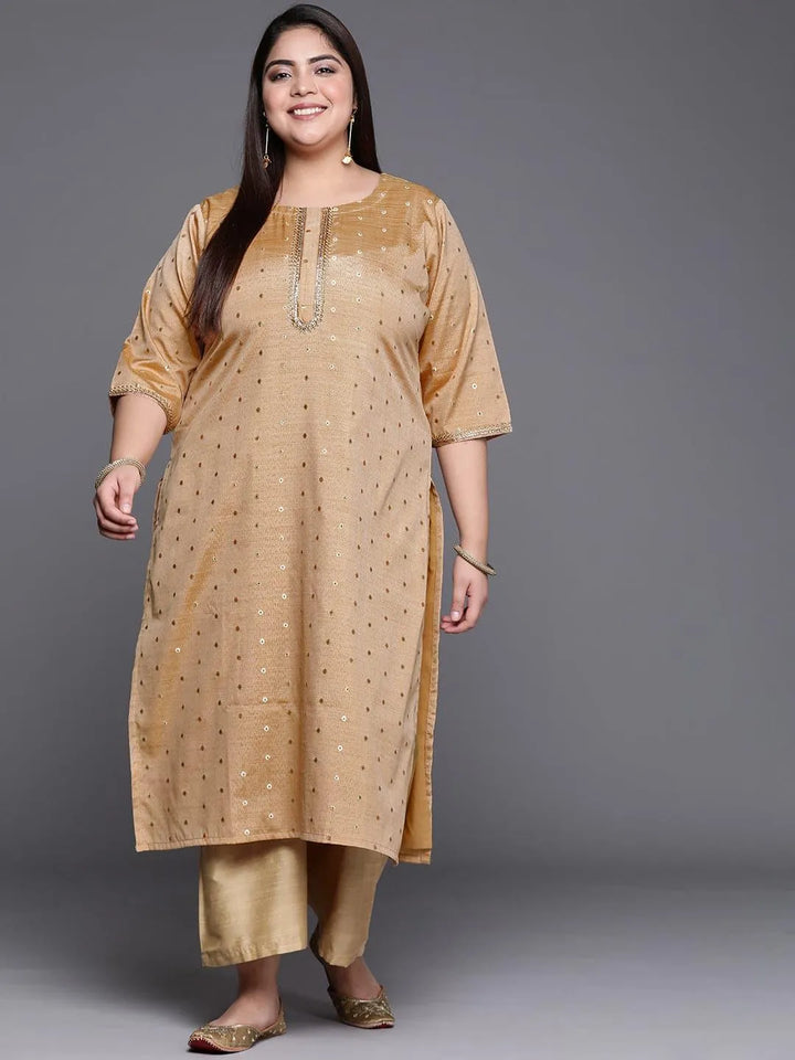 Plus Size Beige Self Design Chanderi Silk Straight Kurta - Libas