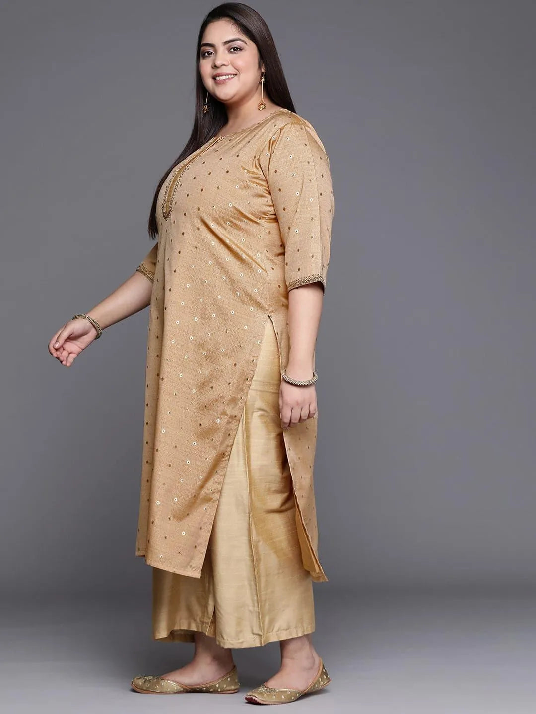 Plus Size Beige Self Design Chanderi Silk Straight Kurta - Libas