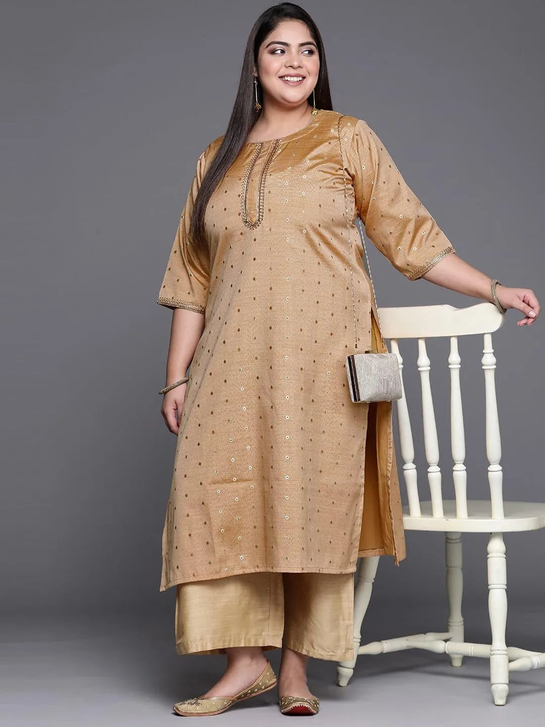 Plus Size Beige Self Design Chanderi Silk Straight Kurta - Libas