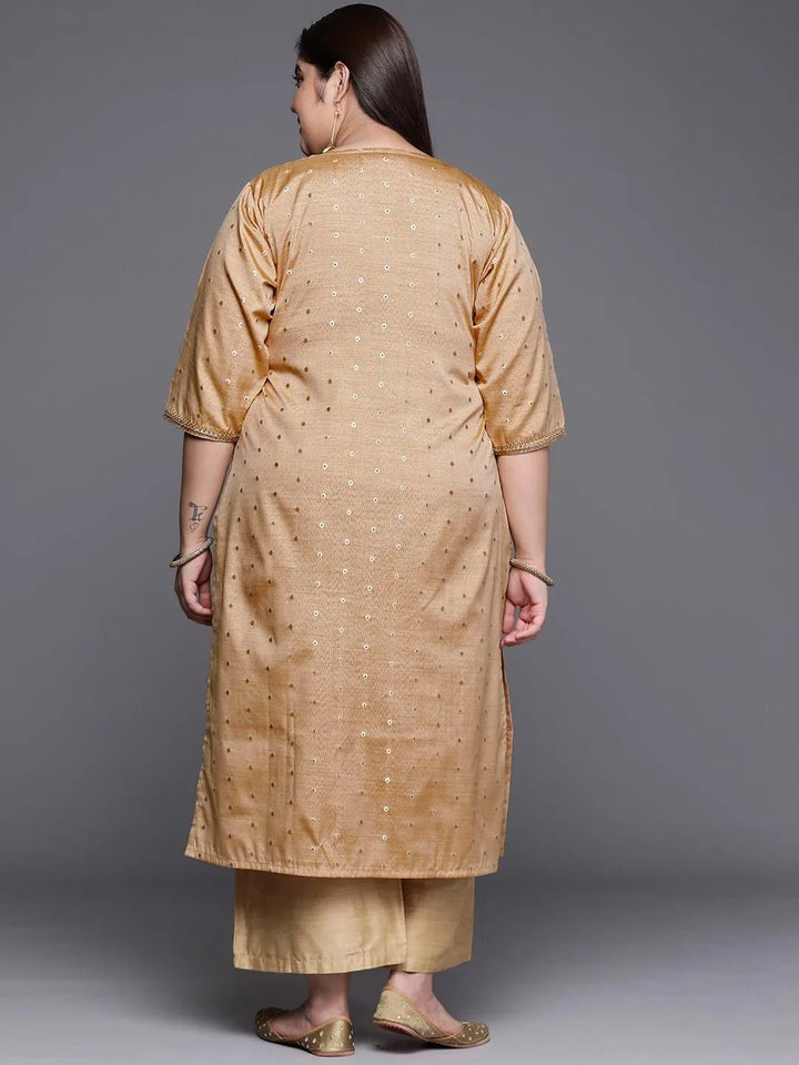 Plus Size Beige Self Design Chanderi Silk Straight Kurta - Libas