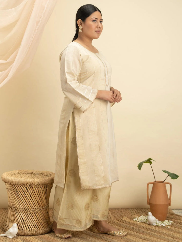 Plus Size Beige Self-Design Silk Kurta Set - Libas