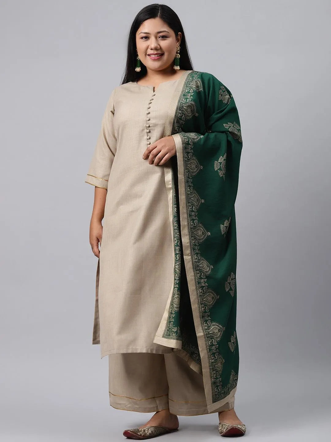 Plus Size Beige Solid Cotton Suit Set - Libas 