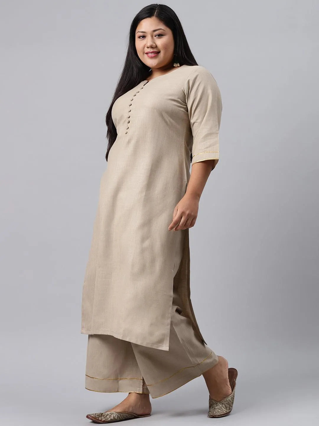 Plus Size Beige Solid Cotton Suit Set - Libas 